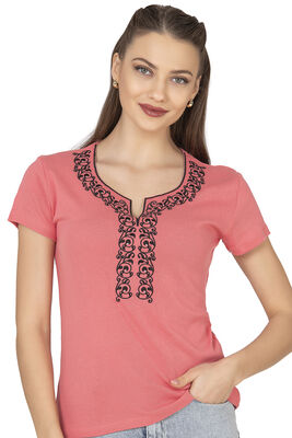 Özkan Underwear - Özkan 21191 Kadın %100 Pamuklu Esnek Rahat Güpürlü V Yaka Kısa Kollu Bluz