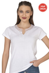 Özkan 2175 Kadın %100 Pamuklu Esnek Rahat Dantelli Güpürlü V Yaka Kısa Kollu Bluz - Thumbnail