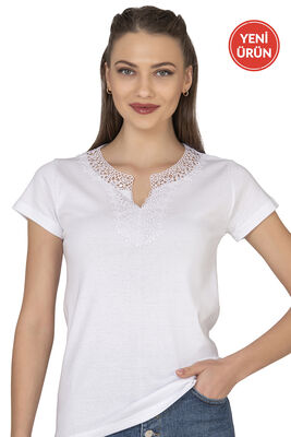 Özkan Underwear - Özkan 2175 Kadın %100 Pamuklu Esnek Rahat Dantelli Güpürlü V Yaka Kısa Kollu Bluz