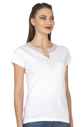 Özkan 2175 Kadın %100 Pamuklu Esnek Rahat Dantelli Güpürlü V Yaka Kısa Kollu Bluz - Thumbnail