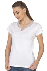 Özkan 2175 Kadın %100 Pamuklu Esnek Rahat Dantelli Güpürlü V Yaka Kısa Kollu Bluz - Thumbnail