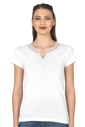 Özkan 2175 Kadın %100 Pamuklu Esnek Rahat Dantelli Güpürlü V Yaka Kısa Kollu Bluz - Thumbnail