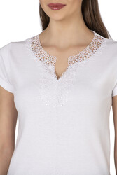 Özkan 2175 Kadın %100 Pamuklu Esnek Rahat Dantelli Güpürlü V Yaka Kısa Kollu Bluz - Thumbnail