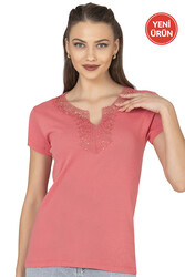 Özkan 2175 Kadın %100 Pamuklu Esnek Rahat Dantelli Güpürlü V Yaka Kısa Kollu Bluz - Thumbnail