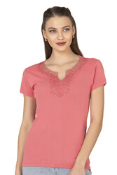 Özkan 2175 Kadın %100 Pamuklu Esnek Rahat Dantelli Güpürlü V Yaka Kısa Kollu Bluz - Thumbnail