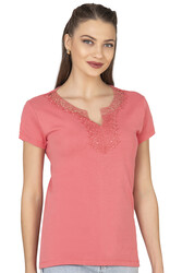 Özkan 2175 Kadın %100 Pamuklu Esnek Rahat Dantelli Güpürlü V Yaka Kısa Kollu Bluz - Thumbnail