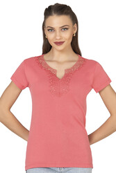 Özkan 2175 Kadın %100 Pamuklu Esnek Rahat Dantelli Güpürlü V Yaka Kısa Kollu Bluz - Thumbnail