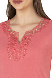 Özkan 2175 Kadın %100 Pamuklu Esnek Rahat Dantelli Güpürlü V Yaka Kısa Kollu Bluz - Thumbnail