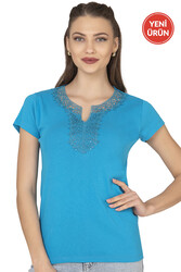 Özkan 2175 Kadın %100 Pamuklu Esnek Rahat Dantelli Güpürlü V Yaka Kısa Kollu Bluz - Thumbnail