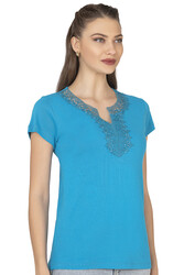 Özkan 2175 Kadın %100 Pamuklu Esnek Rahat Dantelli Güpürlü V Yaka Kısa Kollu Bluz - Thumbnail