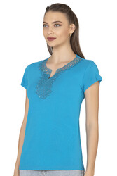 Özkan 2175 Kadın %100 Pamuklu Esnek Rahat Dantelli Güpürlü V Yaka Kısa Kollu Bluz - Thumbnail