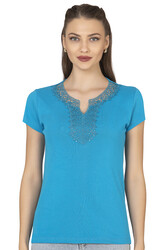 Özkan 2175 Kadın %100 Pamuklu Esnek Rahat Dantelli Güpürlü V Yaka Kısa Kollu Bluz - Thumbnail