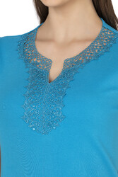 Özkan 2175 Kadın %100 Pamuklu Esnek Rahat Dantelli Güpürlü V Yaka Kısa Kollu Bluz - Thumbnail