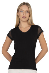 Özkan 22488 Kadın Siyah Viskon Premium Kumaş Tül ve Taş Detaylı Örme Bluz Likralı V Yaka Kısa Kollu - Thumbnail