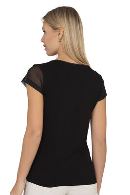 Özkan Underwear - Özkan 22488 Kadın Siyah Viskon Premium Kumaş Tül ve Taş Detaylı Örme Bluz Likralı V Yaka Kısa Kollu (1)