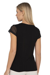 Özkan 22488 Kadın Siyah Viskon Premium Kumaş Tül ve Taş Detaylı Örme Bluz Likralı V Yaka Kısa Kollu - Thumbnail