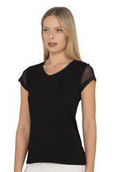 Özkan 22488 Kadın Siyah Viskon Premium Kumaş Tül ve Taş Detaylı Örme Bluz Likralı V Yaka Kısa Kollu - Thumbnail