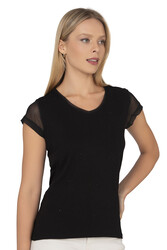 Özkan 22488 Kadın Siyah Viskon Premium Kumaş Tül ve Taş Detaylı Örme Bluz Likralı V Yaka Kısa Kollu - Thumbnail