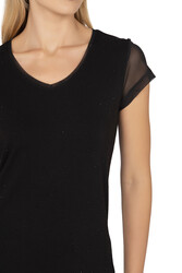 Özkan 22488 Kadın Siyah Viskon Premium Kumaş Tül ve Taş Detaylı Örme Bluz Likralı V Yaka Kısa Kollu - Thumbnail