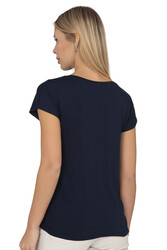 Özkan 23272 Kadın Lacivert Vorteks Viskon Premium Kumaş Örme Bluz Önü Çiçek Baskılı Likralı Kısa Kollu - Thumbnail