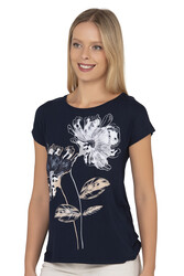 Özkan 23272 Kadın Lacivert Vorteks Viskon Premium Kumaş Örme Bluz Önü Çiçek Baskılı Likralı Kısa Kollu - Thumbnail