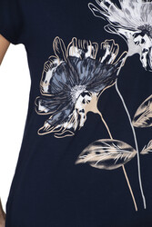 Özkan 23272 Kadın Lacivert Vorteks Viskon Premium Kumaş Örme Bluz Önü Çiçek Baskılı Likralı Kısa Kollu - Thumbnail