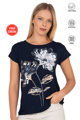 Özkan Underwear - Özkan 23272 Kadın Lacivert Vorteks Viskon Premium Kumaş Örme Bluz Önü Çiçek Baskılı Likralı Kısa Kollu 