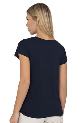 Özkan Underwear - Özkan 23272 Kadın Lacivert Vorteks Viskon Premium Kumaş Örme Bluz Önü Çiçek Baskılı Likralı Kısa Kollu (1)