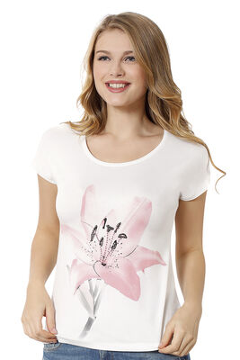 Özkan Underwear - Özkan 23854 Kadın Büyük Beden Viskon Desenli Kısa Kollu Bluz Tişört