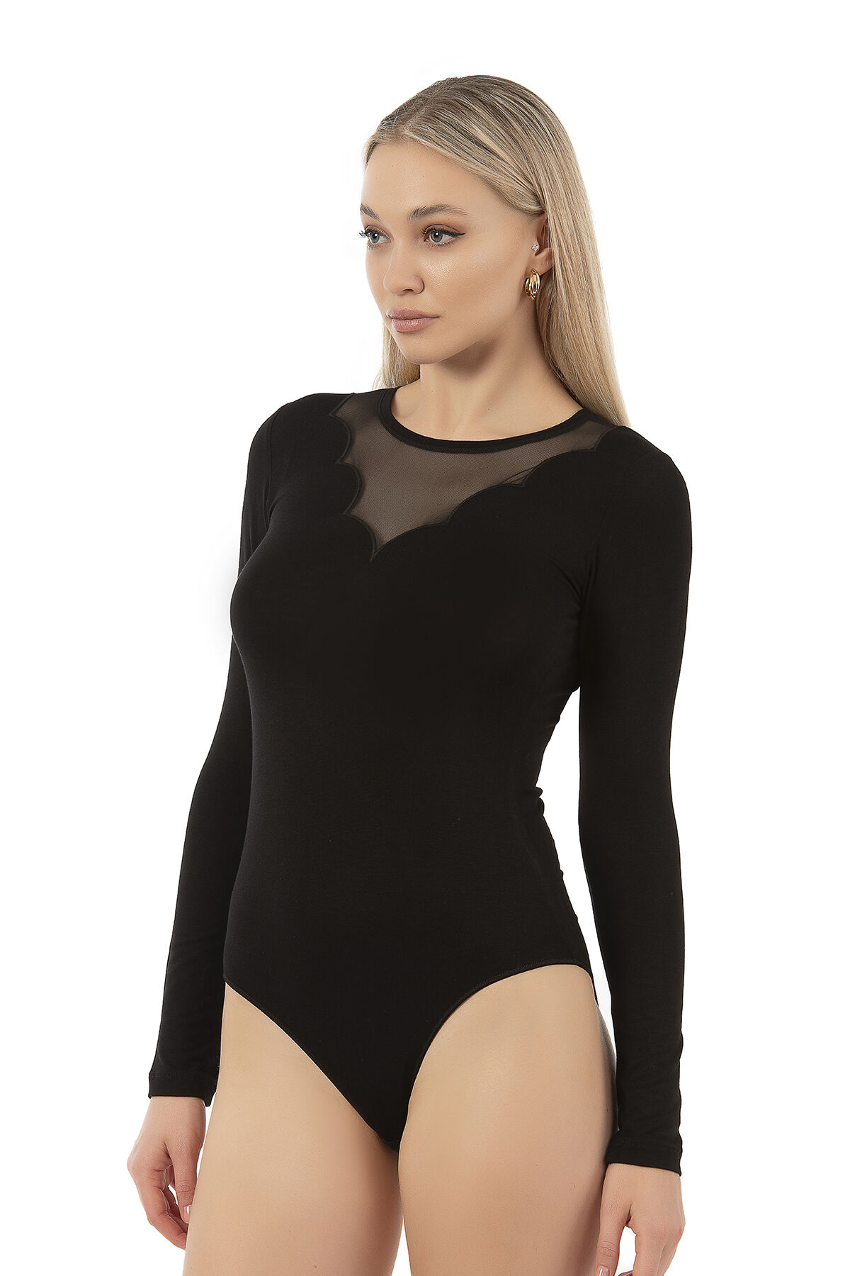 Özkan 25206 Kadın Viskon Uzan Kollu Tül Detaylı Esnek Rahat Kancalı Çıtçıtlı Body