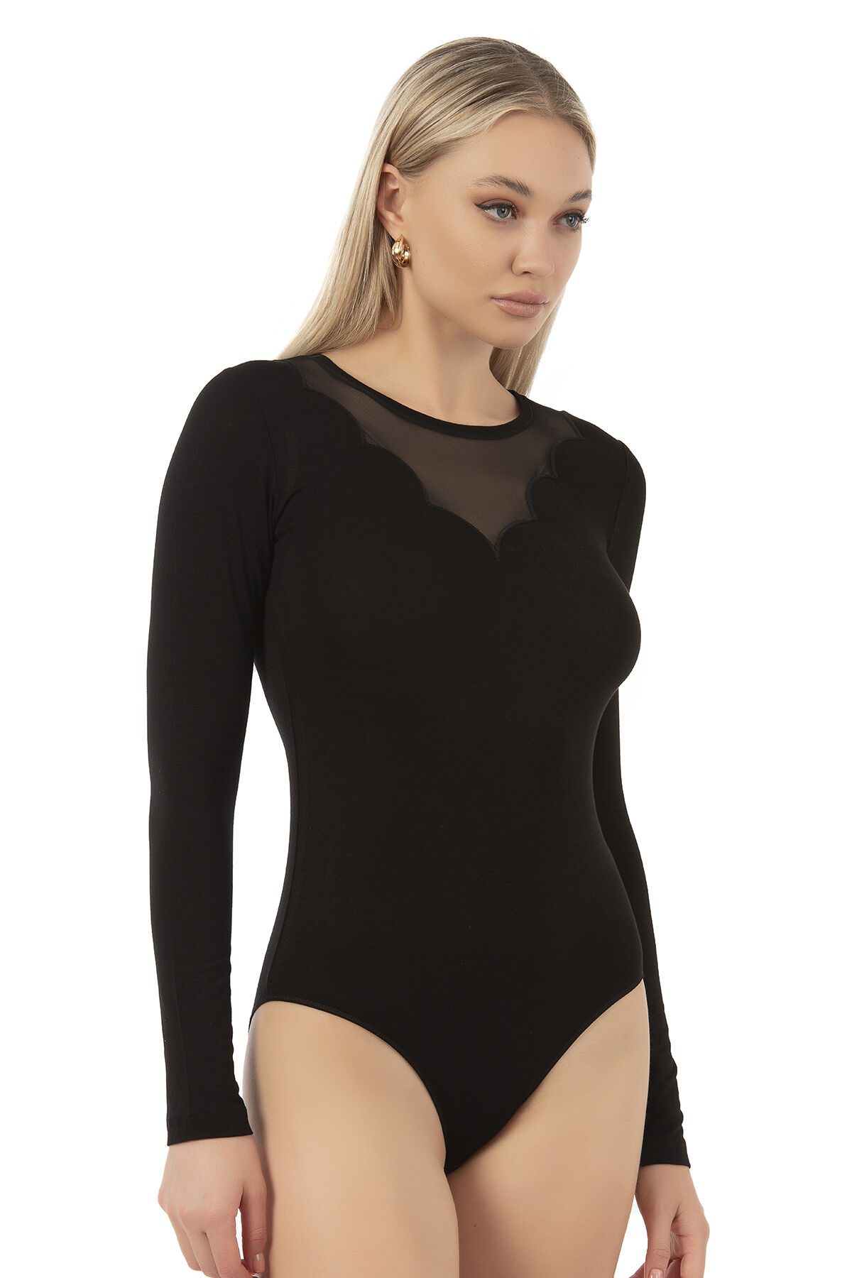 Özkan 25206 Kadın Viskon Uzan Kollu Tül Detaylı Esnek Rahat Kancalı Çıtçıtlı Body