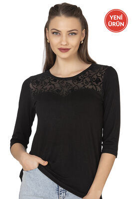 Özkan Underwear - Özkan 25250 Kadın Premium Yumuşak Esnek Rahat Kumaş Vorteks Viskon Önü Dantel Detaylı Bisiklet Yaka Yarım Kollu Örme Bluz