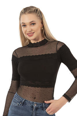 Özkan Underwear - Özkan 25254 Kadın Pamuklu Uzun Kollu Tül Detaylı Örme Çıtçıtlı Body