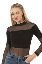 Özkan 25254 Kadın Pamuklu Uzun Kollu Tül Detaylı Örme Çıtçıtlı Body - Thumbnail