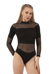 Özkan 25254 Kadın Pamuklu Uzun Kollu Tül Detaylı Örme Çıtçıtlı Body - Thumbnail