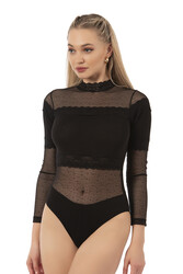 Özkan 25254 Kadın Pamuklu Uzun Kollu Tül Detaylı Örme Çıtçıtlı Body - Thumbnail
