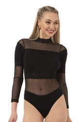 Özkan 25254 Kadın Pamuklu Uzun Kollu Tül Detaylı Örme Çıtçıtlı Body - Thumbnail