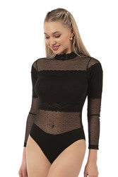 Özkan 25254 Kadın Pamuklu Uzun Kollu Tül Detaylı Örme Çıtçıtlı Body - Thumbnail