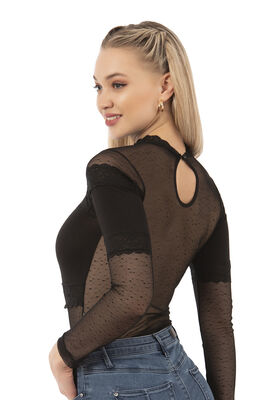 Özkan Underwear - Özkan 25254 Kadın Pamuklu Uzun Kollu Tül Detaylı Örme Çıtçıtlı Body (1)