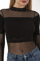 Özkan 25254 Kadın Pamuklu Uzun Kollu Tül Detaylı Örme Çıtçıtlı Body - Thumbnail