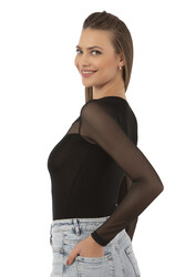 Özkan 25261 Kadın Viskon Uzun Kollu Tül Detaylı Örme Çıtçıtlı Body - Thumbnail