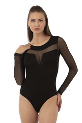 Özkan 25261 Kadın Viskon Uzun Kollu Tül Detaylı Örme Çıtçıtlı Body - Thumbnail