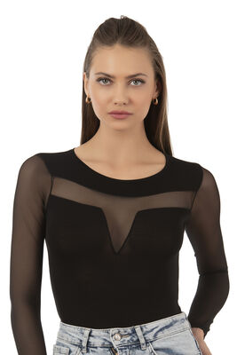 Özkan Underwear - Özkan 25261 Kadın Viskon Uzun Kollu Tül Detaylı Örme Çıtçıtlı Body