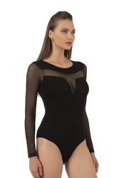 Özkan 25261 Kadın Viskon Uzun Kollu Tül Detaylı Örme Çıtçıtlı Body - Thumbnail