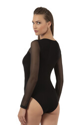 Özkan 25261 Kadın Viskon Uzun Kollu Tül Detaylı Örme Çıtçıtlı Body - Thumbnail