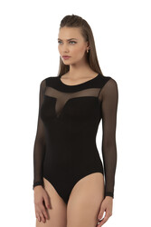 Özkan 25261 Kadın Viskon Uzun Kollu Tül Detaylı Örme Çıtçıtlı Body - Thumbnail