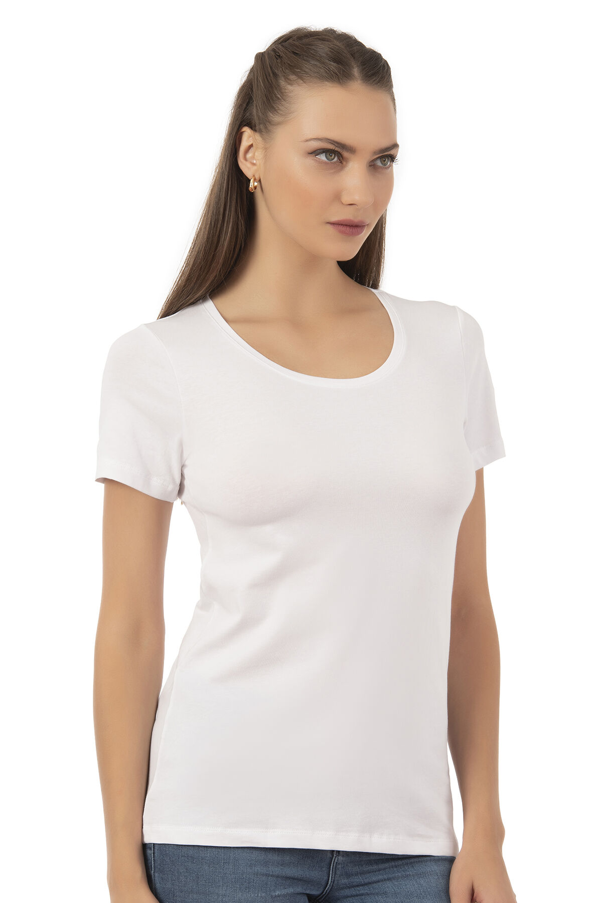 Özkan 25284 Kadın Pamuklu Kısa Kollu Bisiklet Yaka Esnek Rahat Fanila T-Shirt