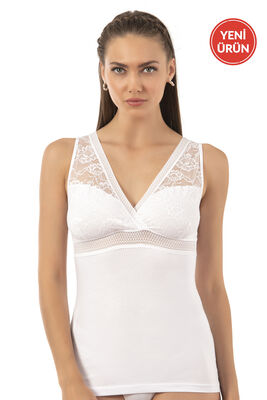 Özkan Underwear - Özkan 25359 Kadın Pamuklu Süprem Esnek Rahat Yumuşak V Yaka Dantel Detaylı Kalın Askılı Atlet