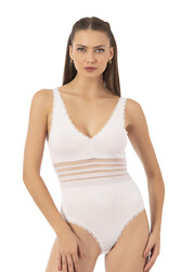 Özkan 25432 Kadın Pamuklu Süprem Tül Detaylı Önü Büzgülü Dantelli Çıtçıtlı Kancalı Body - Thumbnail