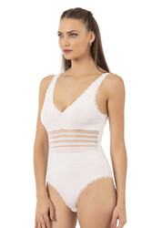 Özkan 25432 Kadın Pamuklu Süprem Tül Detaylı Önü Büzgülü Dantelli Çıtçıtlı Kancalı Body - Thumbnail